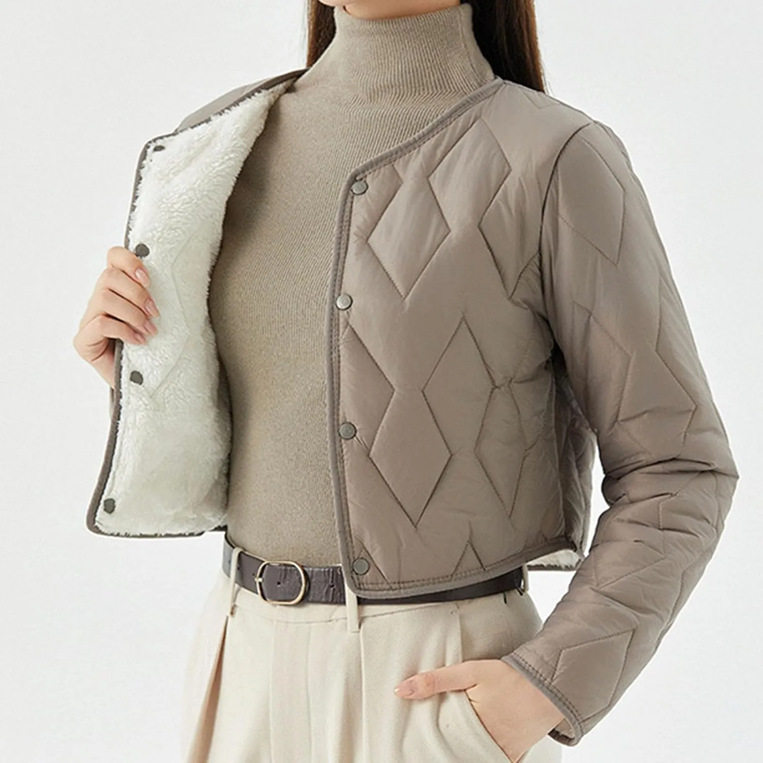 Womens Quilted Puffer Jackets Button Lightweight Down Coats Warm Casual Cropped Long Sleeve Crewneck Padded Outerwear