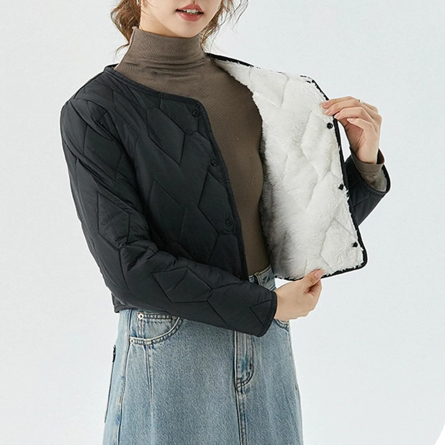 Womens Quilted Puffer Jackets Button Lightweight Down Coats Warm Casual Cropped Long Sleeve Crewneck Padded Outerwear