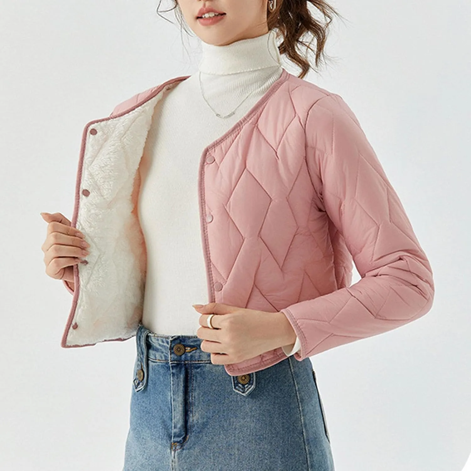 Womens Quilted Puffer Jackets Button Lightweight Down Coats Warm Casual Cropped Long Sleeve Crewneck Padded Outerwear