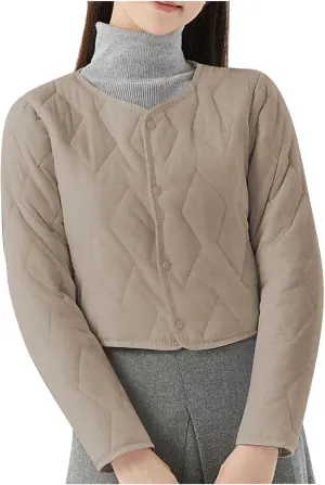 Womens Quilted Puffer Jackets Button Lightweight Down Coats Warm Casual Cropped Long Sleeve Crewneck Padded Outerwear