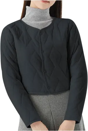 Womens Quilted Puffer Jackets Button Lightweight Down Coats Warm Casual Cropped Long Sleeve Crewneck Padded Outerwear