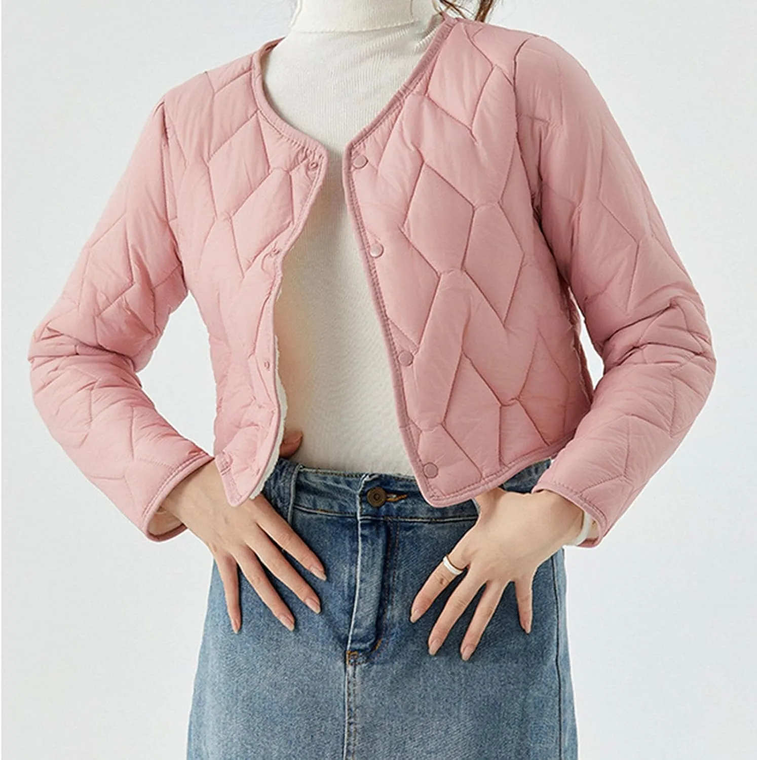 Womens Quilted Puffer Jackets Button Lightweight Down Coats Warm Casual Cropped Long Sleeve Crewneck Padded Outerwear