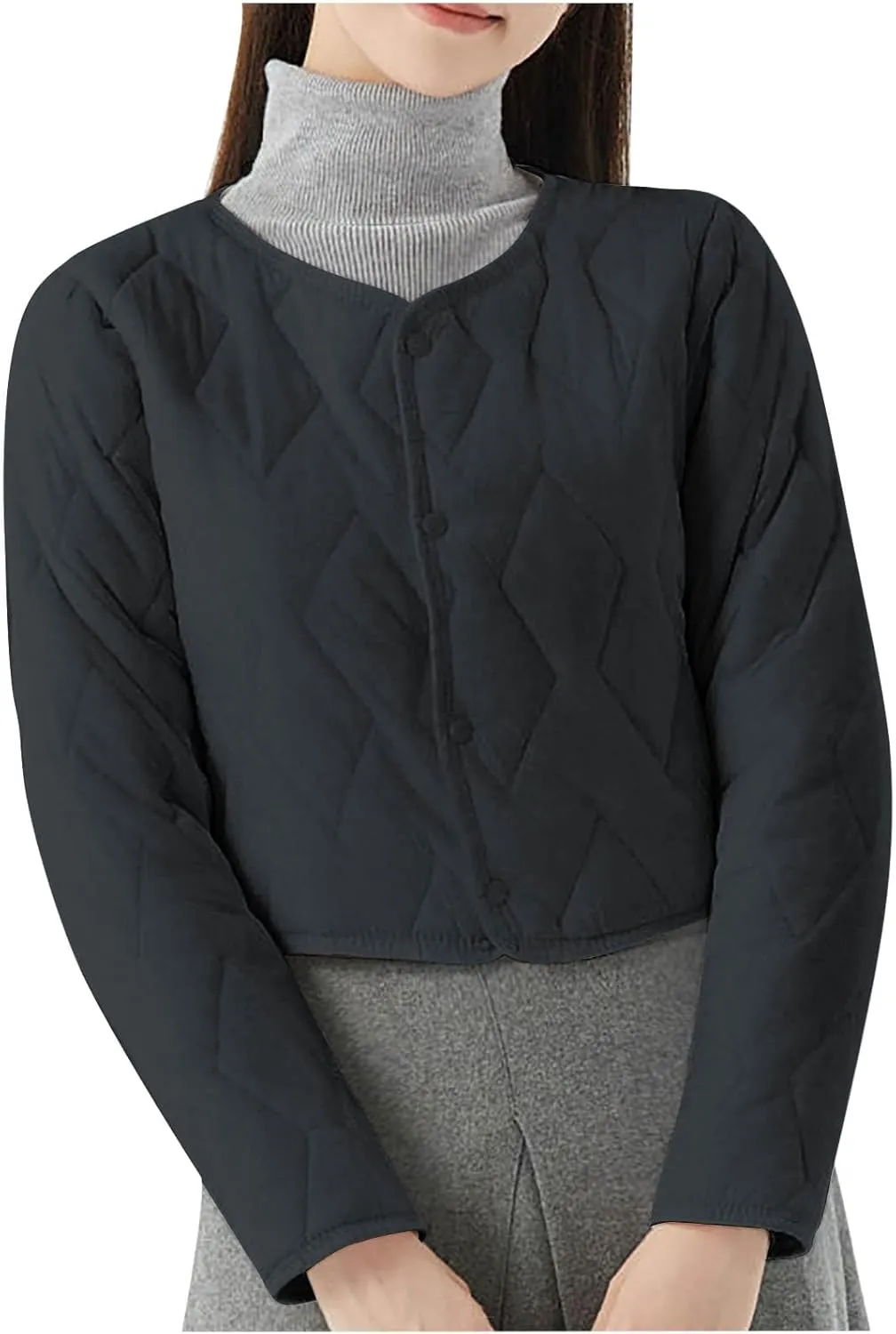 Womens Quilted Puffer Jackets Button Lightweight Down Coats Warm Casual Cropped Long Sleeve Crewneck Padded Outerwear
