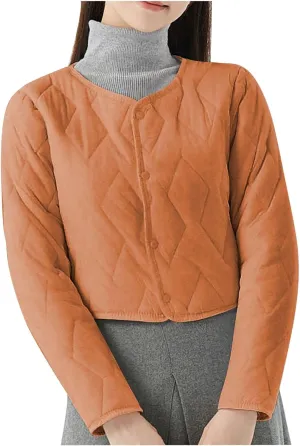 Womens Quilted Puffer Jackets Button Lightweight Down Coats Warm Casual Cropped Long Sleeve Crewneck Padded Outerwear