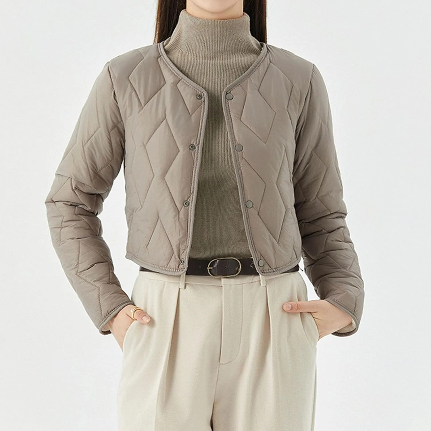 Womens Quilted Puffer Jackets Button Lightweight Down Coats Warm Casual Cropped Long Sleeve Crewneck Padded Outerwear