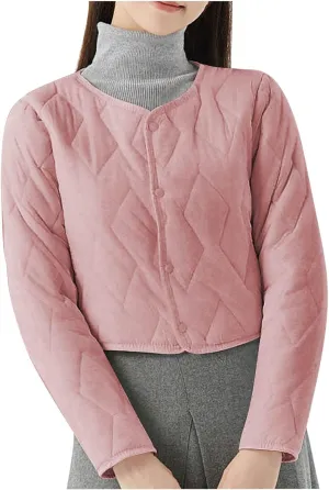 Womens Quilted Puffer Jackets Button Lightweight Down Coats Warm Casual Cropped Long Sleeve Crewneck Padded Outerwear