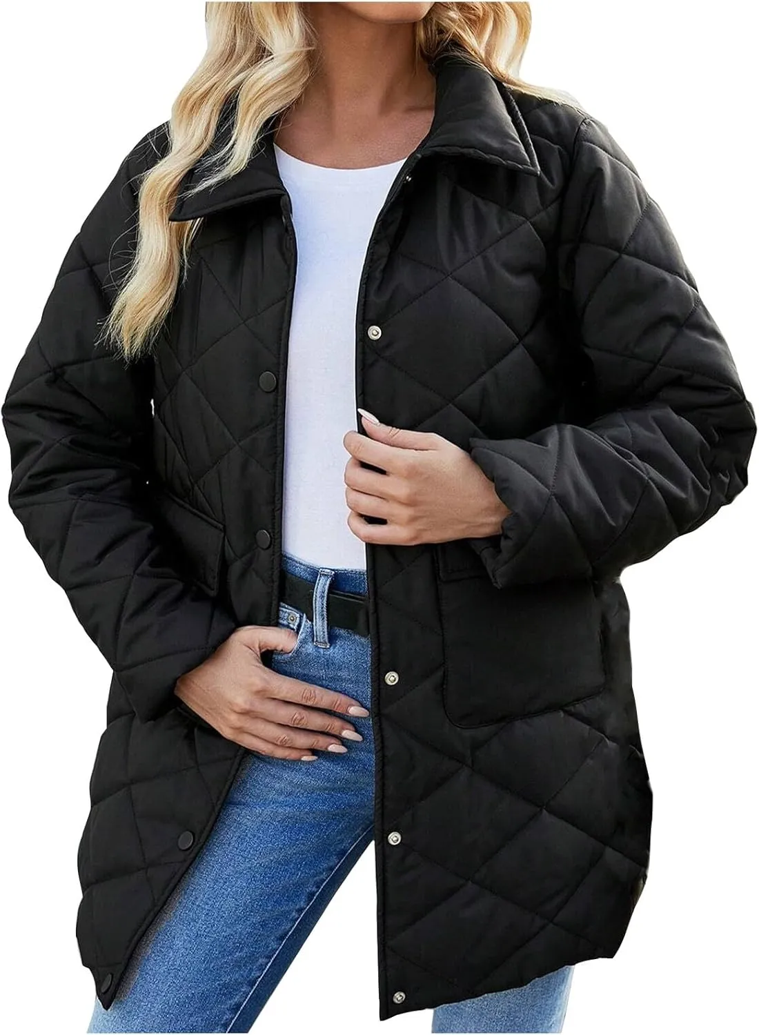 Womens Quilted Puffer Jackets Long Sleeve Button Up Down Coats Baggy Warm Lapel Diamond Padded Outerwear with Pockets