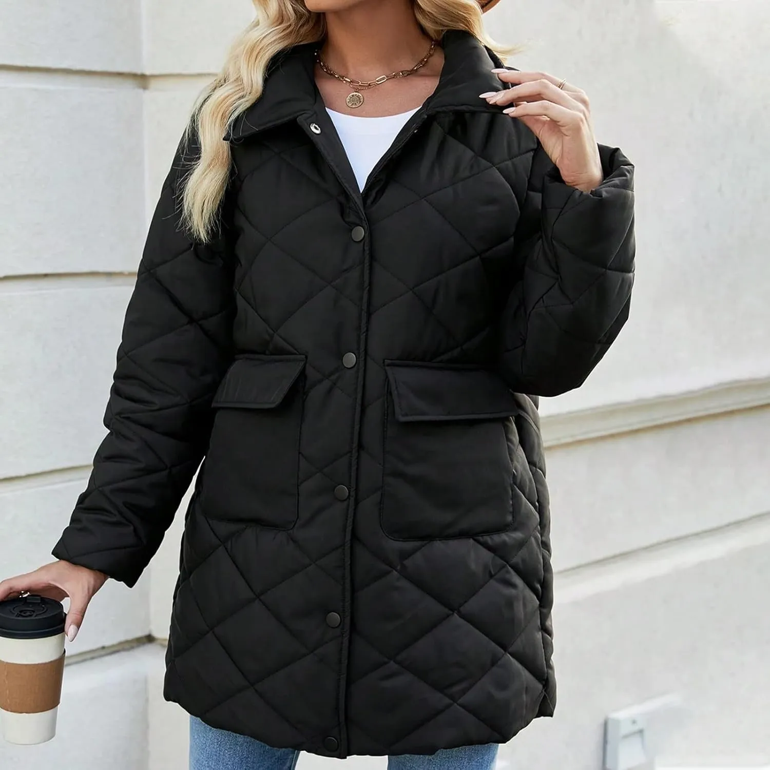 Womens Quilted Puffer Jackets Long Sleeve Button Up Down Coats Baggy Warm Lapel Diamond Padded Outerwear with Pockets