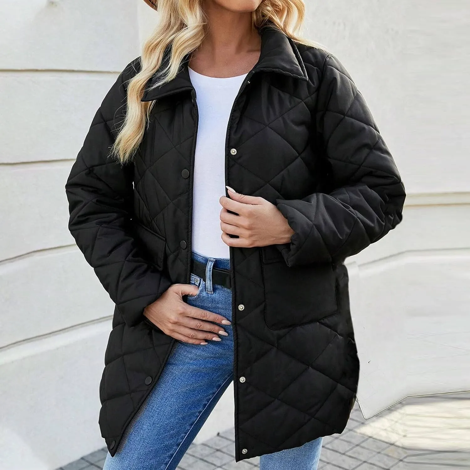 Womens Quilted Puffer Jackets Long Sleeve Button Up Down Coats Baggy Warm Lapel Diamond Padded Outerwear with Pockets