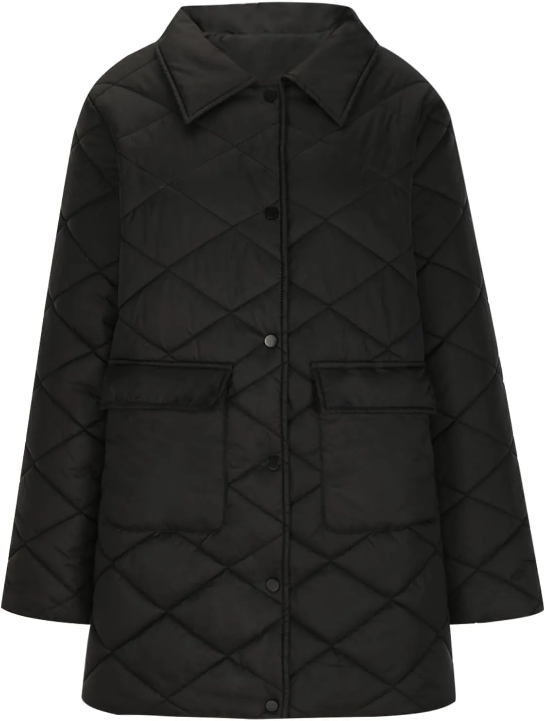 Womens Quilted Puffer Jackets Long Sleeve Button Up Down Coats Baggy Warm Lapel Diamond Padded Outerwear with Pockets