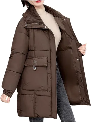 Womens Quilted Puffer Jackets Thicken Long Sleeve Lapel Down Coats Baggy Warm Zip Up Padded Outerwear with Pockets
