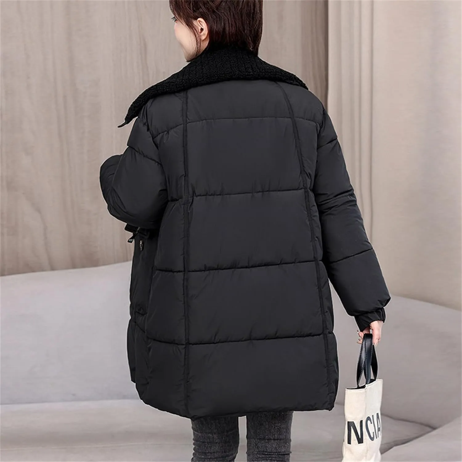 Womens Quilted Puffer Jackets Thicken Long Sleeve Lapel Down Coats Baggy Warm Zip Up Padded Outerwear with Pockets