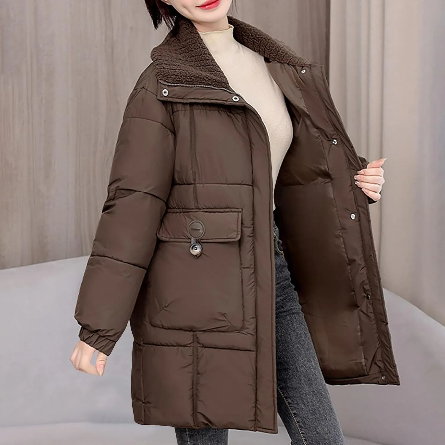 Womens Quilted Puffer Jackets Thicken Long Sleeve Lapel Down Coats Baggy Warm Zip Up Padded Outerwear with Pockets