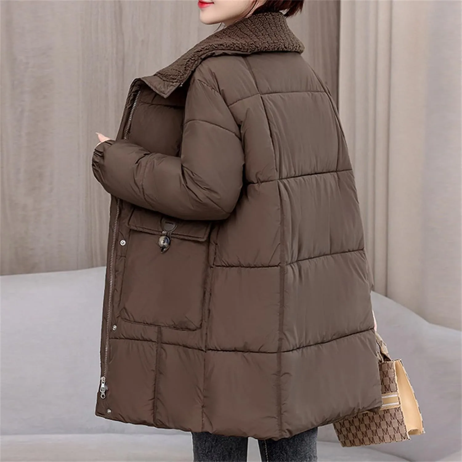 Womens Quilted Puffer Jackets Thicken Long Sleeve Lapel Down Coats Baggy Warm Zip Up Padded Outerwear with Pockets