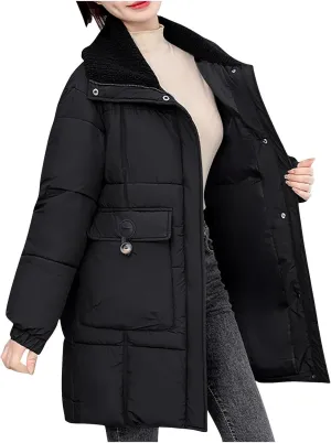 Womens Quilted Puffer Jackets Thicken Long Sleeve Lapel Down Coats Baggy Warm Zip Up Padded Outerwear with Pockets