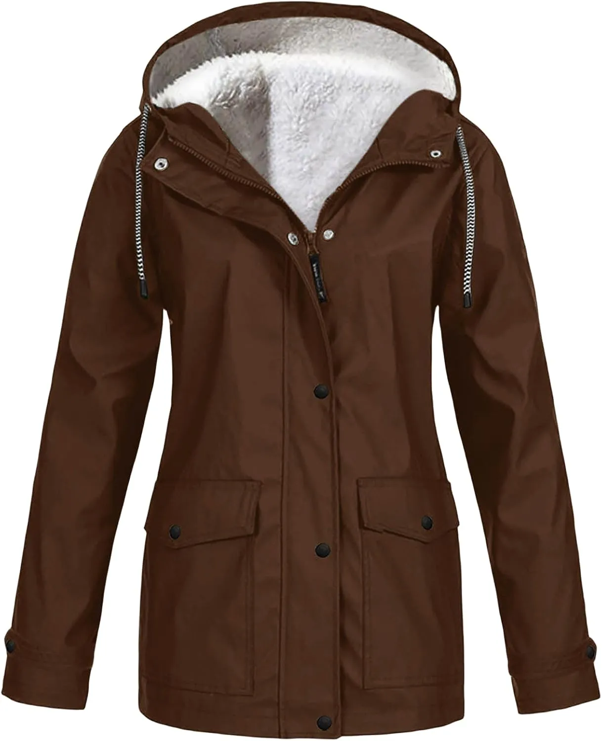 Womens Rain Jacket Sherpa Fleece Lined Hooded Coat Full Zip Button Jackets Outdoor Waterproof Travel Trench Coats