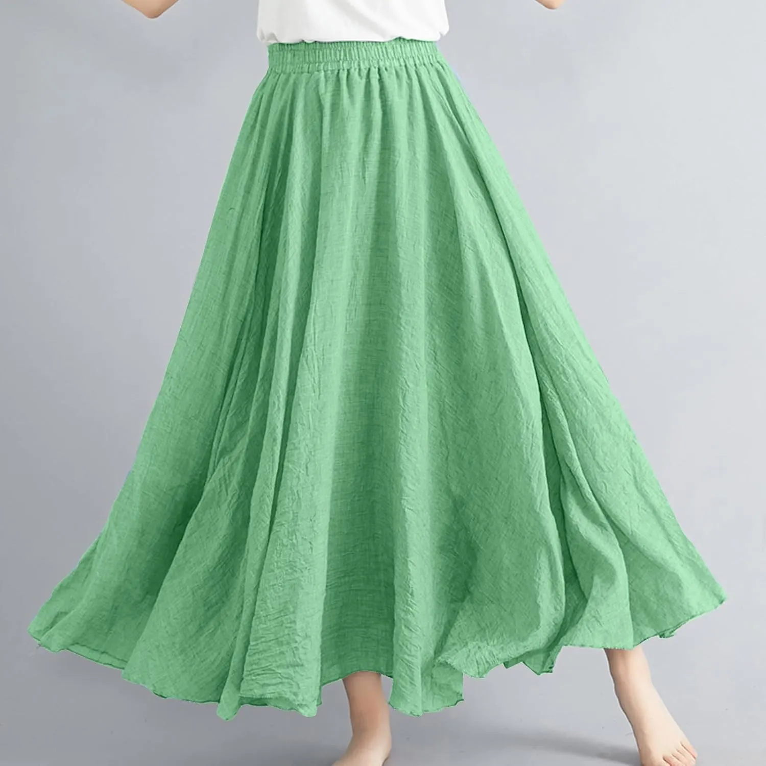 Women's Retro Maxi Skirts Vintage Layer Linen Elastic Pleated Ankle Length Summer Skirt Flowy Beach Dress