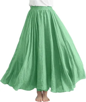 Women's Retro Maxi Skirts Vintage Layer Linen Elastic Pleated Ankle Length Summer Skirt Flowy Beach Dress