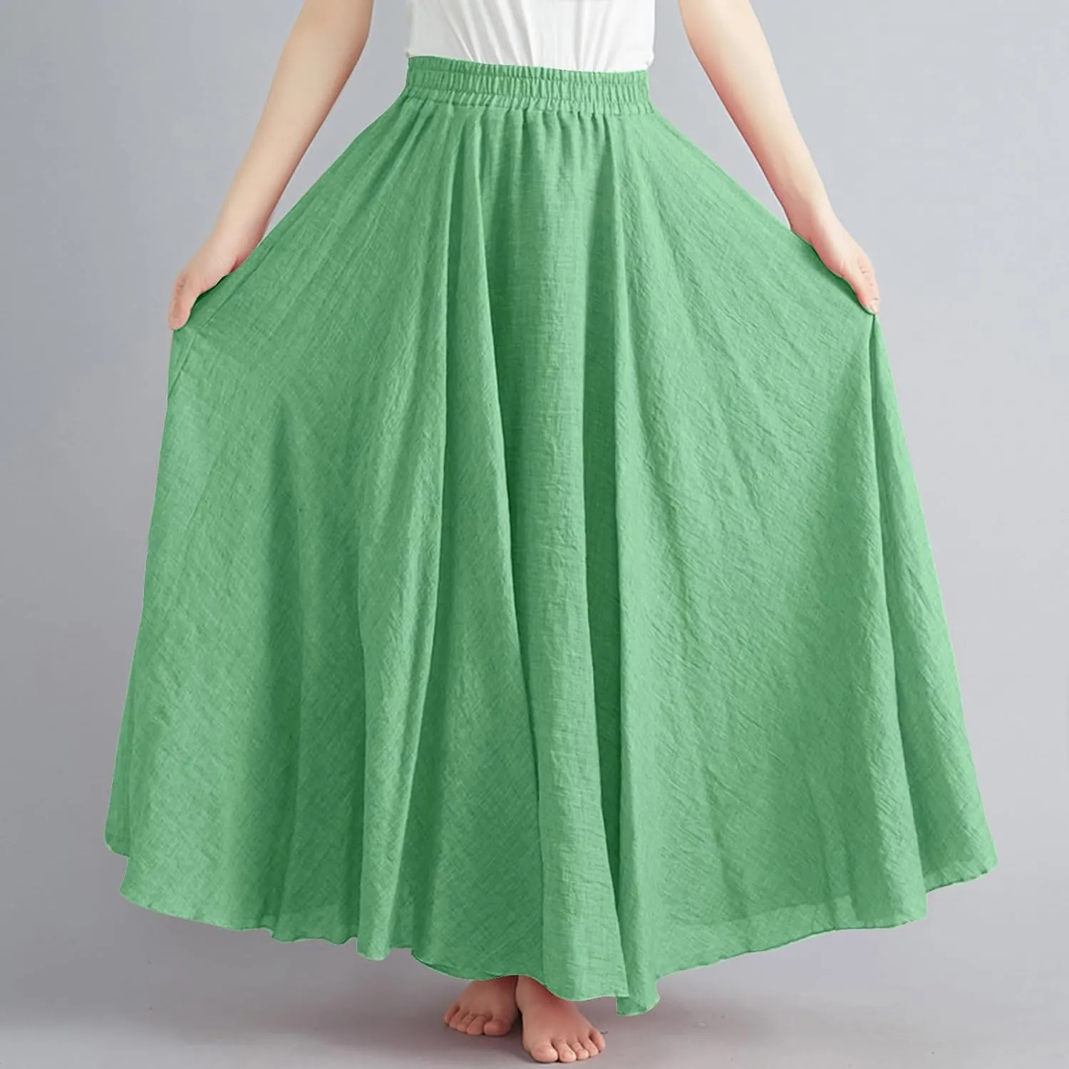 Women's Retro Maxi Skirts Vintage Layer Linen Elastic Pleated Ankle Length Summer Skirt Flowy Beach Dress