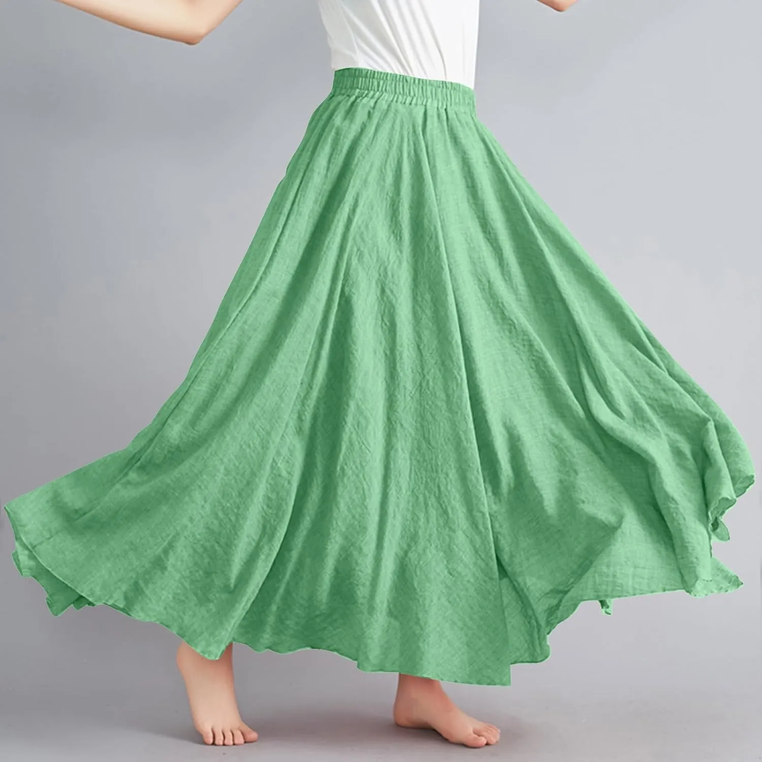 Women's Retro Maxi Skirts Vintage Layer Linen Elastic Pleated Ankle Length Summer Skirt Flowy Beach Dress