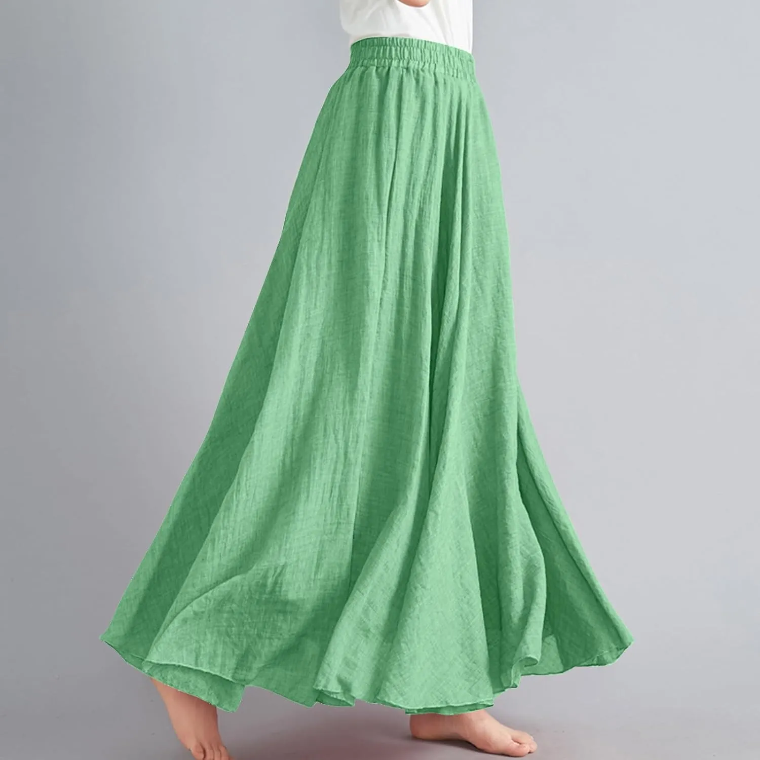 Women's Retro Maxi Skirts Vintage Layer Linen Elastic Pleated Ankle Length Summer Skirt Flowy Beach Dress