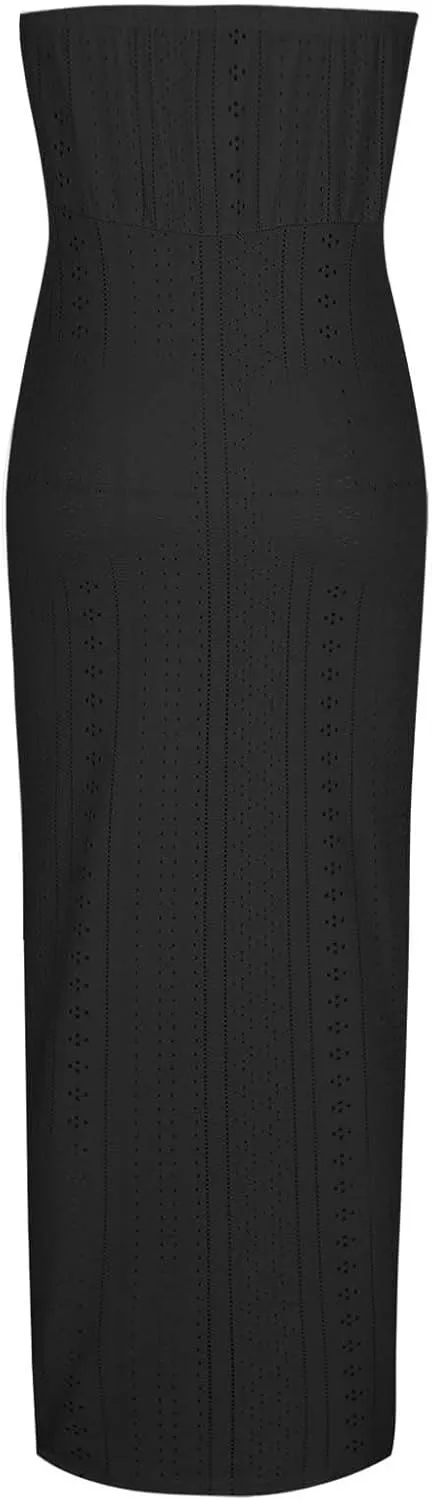 Women's Sexy Strapless Dress Off Shoulder Bodycon Midi Party Dress Eyelet Embroidery Front Split Cocktail Dresses
