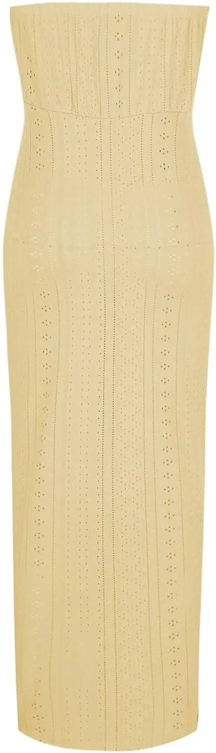 Women's Sexy Strapless Dress Off Shoulder Bodycon Midi Party Dress Eyelet Embroidery Front Split Cocktail Dresses