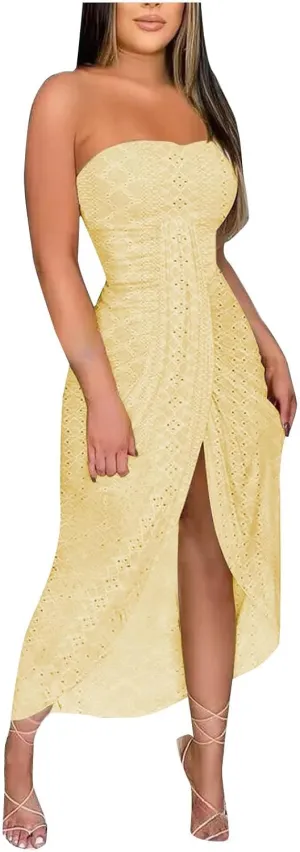 Women's Sexy Strapless Dress Off Shoulder Bodycon Midi Party Dress Eyelet Embroidery Front Split Cocktail Dresses