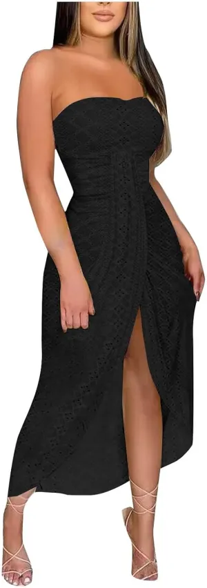 Women's Sexy Strapless Dress Off Shoulder Bodycon Midi Party Dress Eyelet Embroidery Front Split Cocktail Dresses