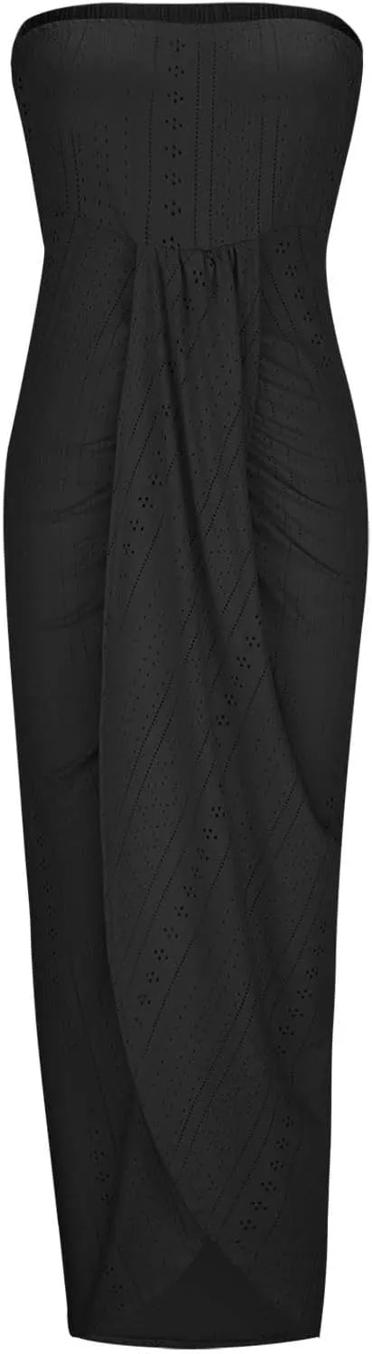 Women's Sexy Strapless Dress Off Shoulder Bodycon Midi Party Dress Eyelet Embroidery Front Split Cocktail Dresses