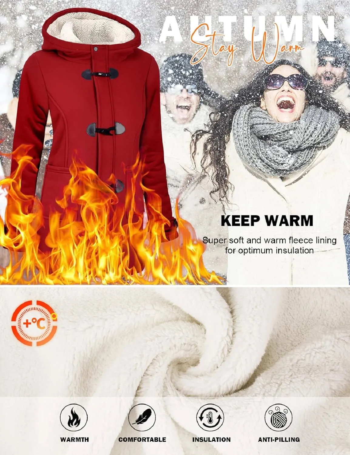 Womens Sherpa Lined Coats Winter Warm Fashion Horn Button Fleece Thicken Hooded Casual Jackets Long Sleeve Outerwear