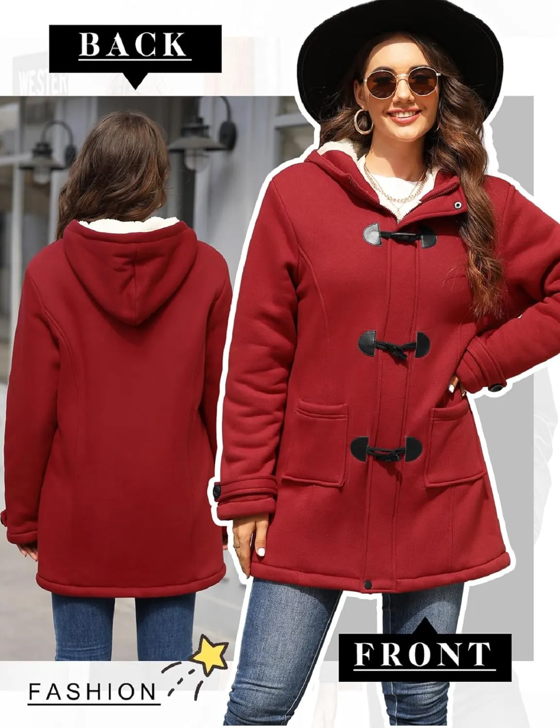 Womens Sherpa Lined Coats Winter Warm Fashion Horn Button Fleece Thicken Hooded Casual Jackets Long Sleeve Outerwear