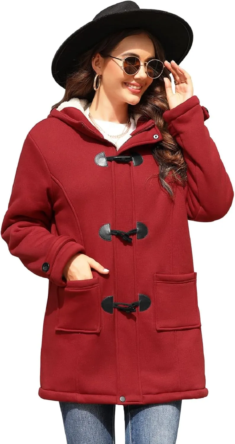 Womens Sherpa Lined Coats Winter Warm Fashion Horn Button Fleece Thicken Hooded Casual Jackets Long Sleeve Outerwear
