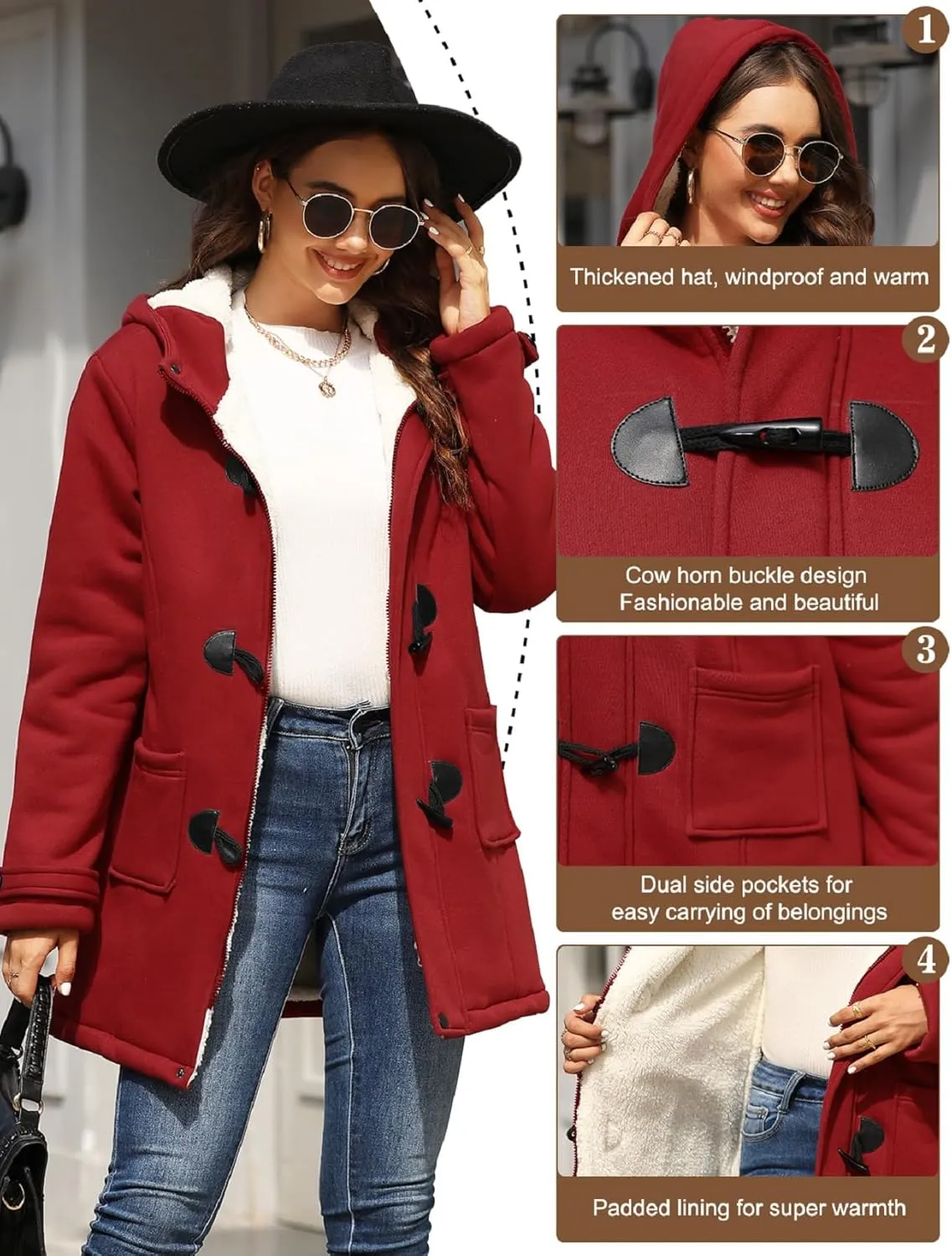 Womens Sherpa Lined Coats Winter Warm Fashion Horn Button Fleece Thicken Hooded Casual Jackets Long Sleeve Outerwear
