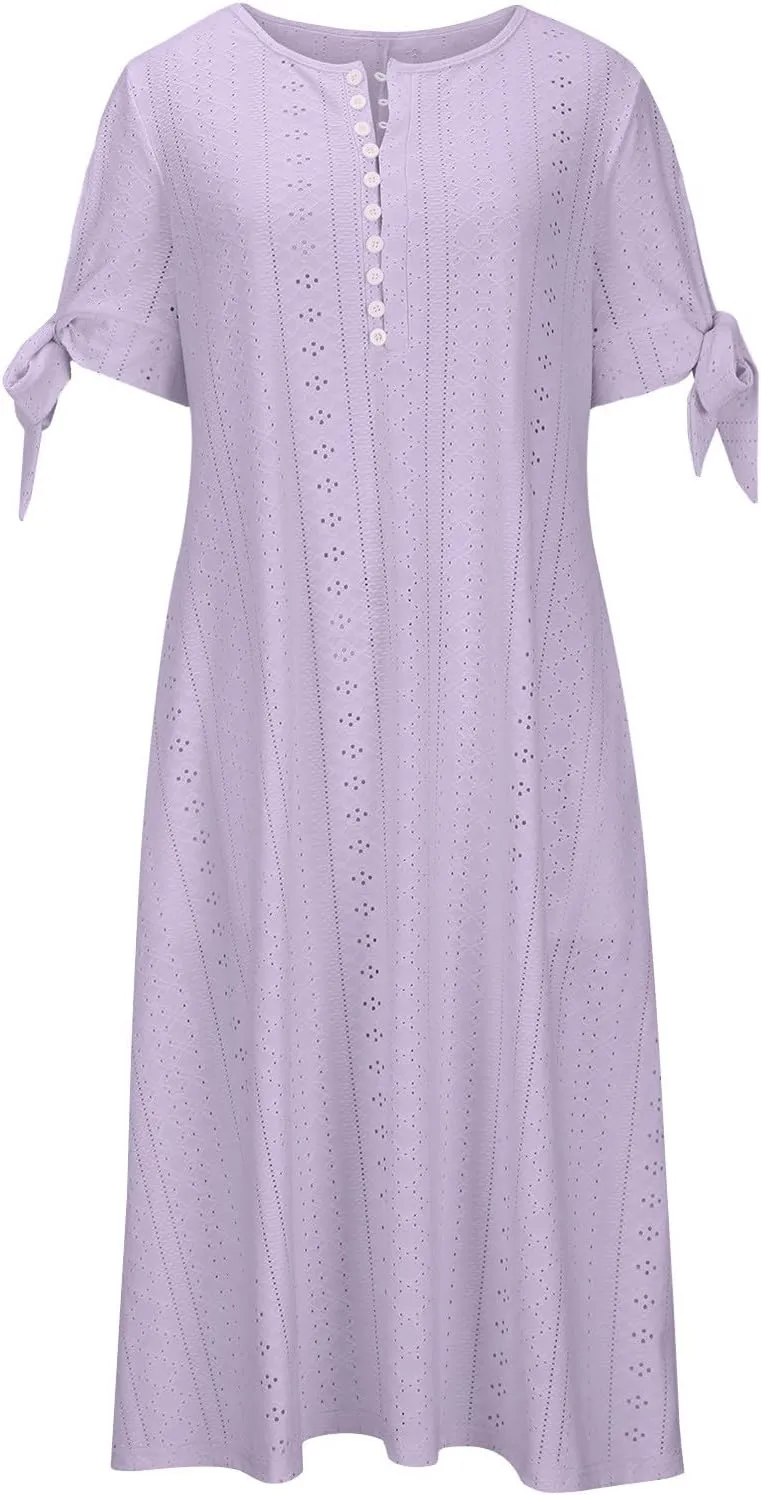 Women's Short Sleeve Eyelet Sundress Simple Solid Color Midi Dress Button Up Comfy Casual A Line Summer Dresses