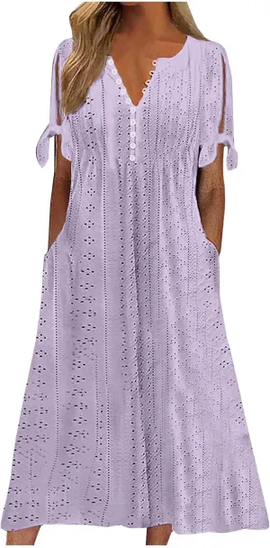Women's Short Sleeve Eyelet Sundress Simple Solid Color Midi Dress Button Up Comfy Casual A Line Summer Dresses