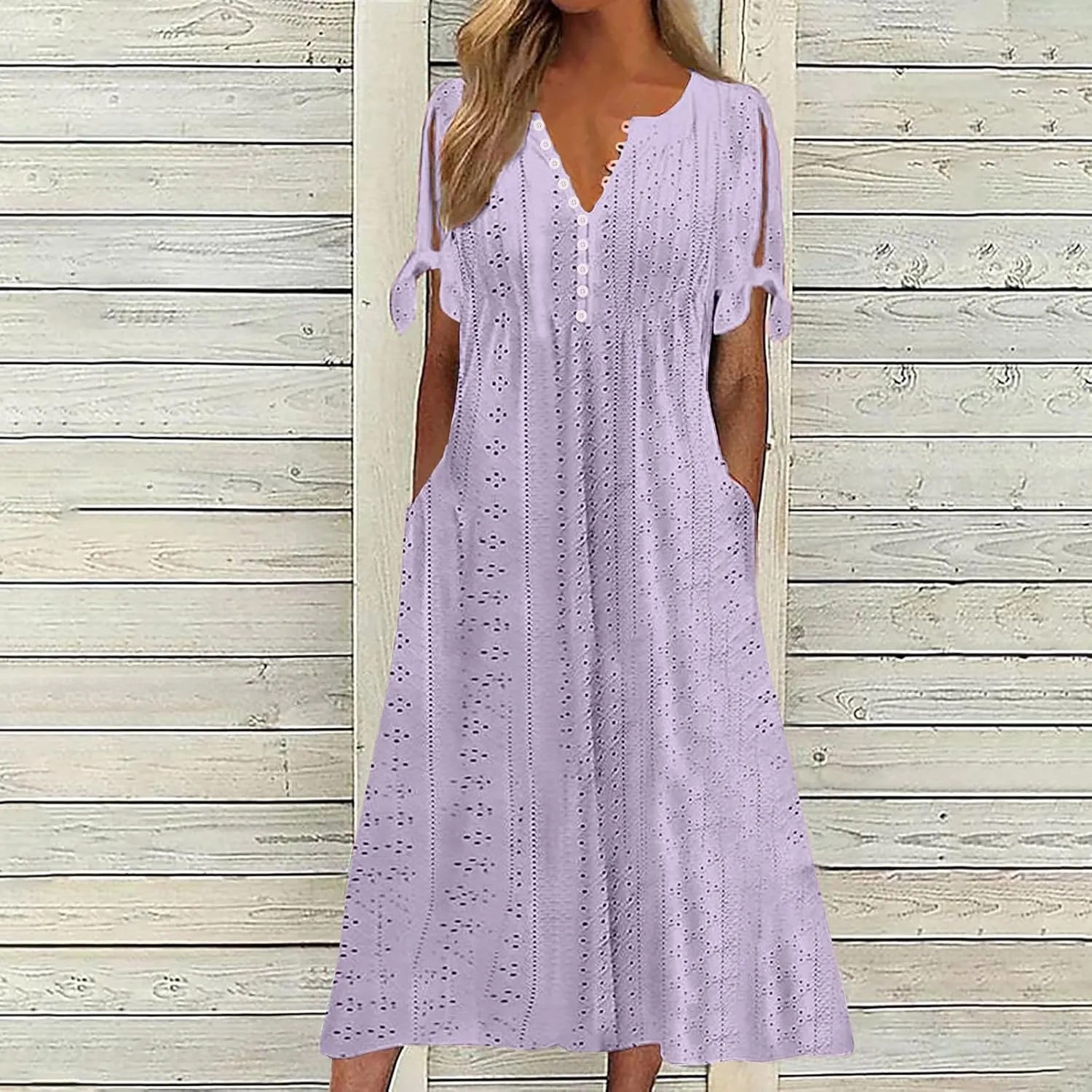 Women's Short Sleeve Eyelet Sundress Simple Solid Color Midi Dress Button Up Comfy Casual A Line Summer Dresses