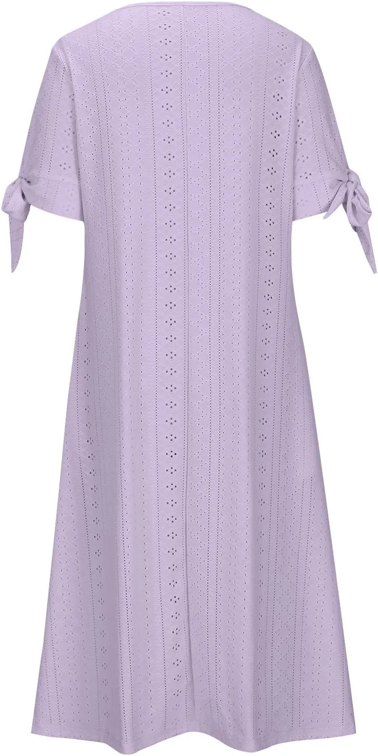 Women's Short Sleeve Eyelet Sundress Simple Solid Color Midi Dress Button Up Comfy Casual A Line Summer Dresses