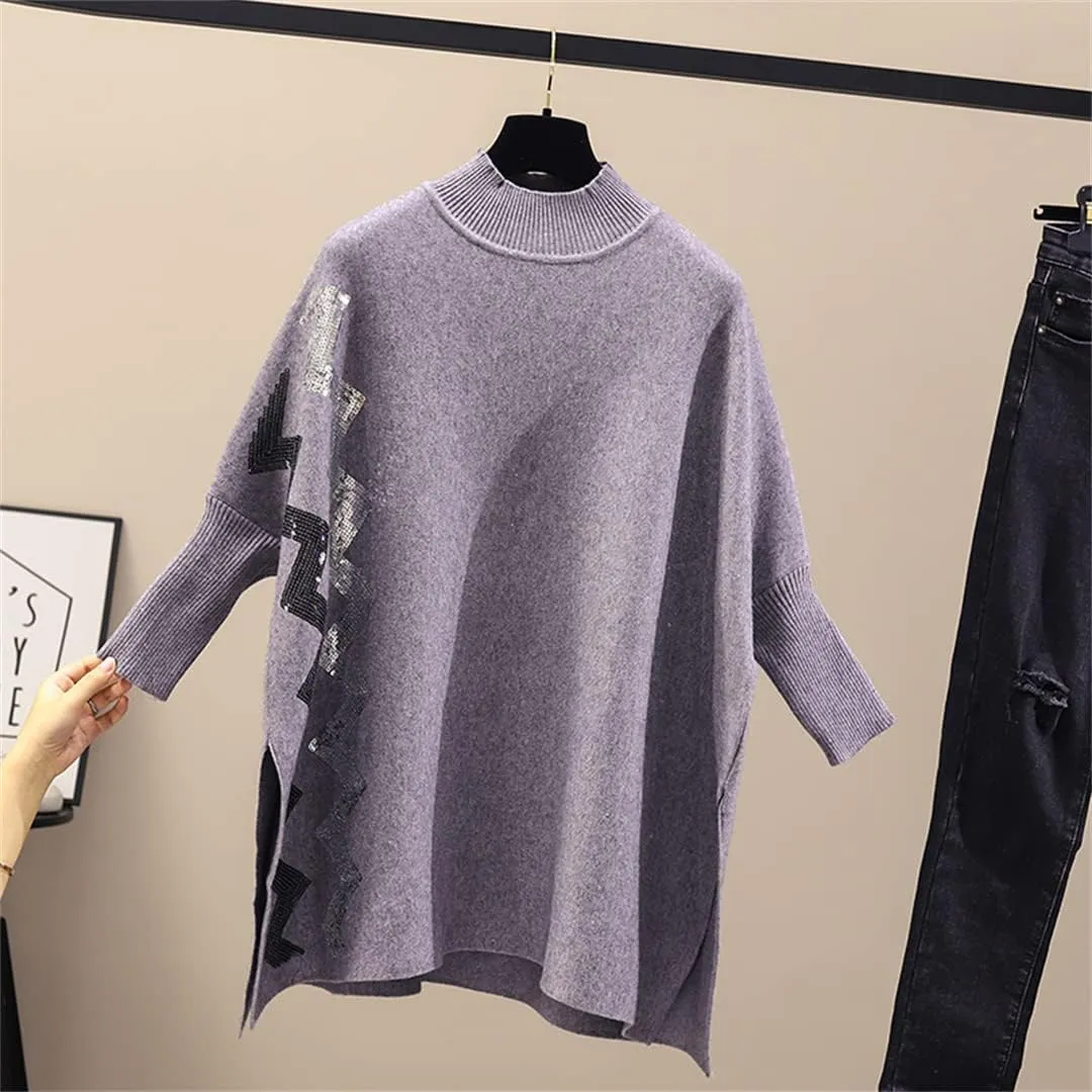 Women's Slit Oversized Turtleneck Sweater Autumn Winter Vintage Soft Warm Knitted Pullovers