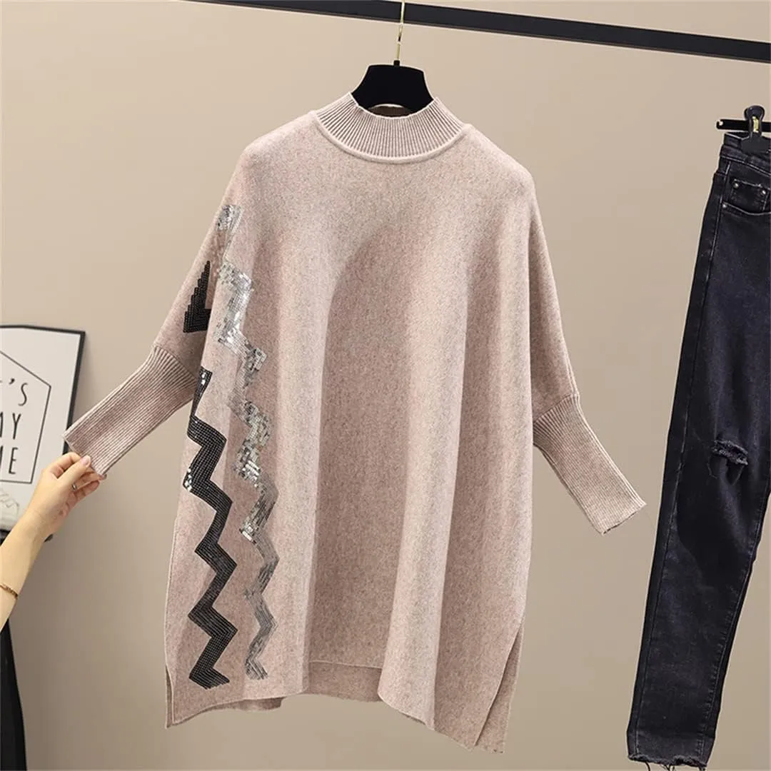 Women's Slit Oversized Turtleneck Sweater Autumn Winter Vintage Soft Warm Knitted Pullovers