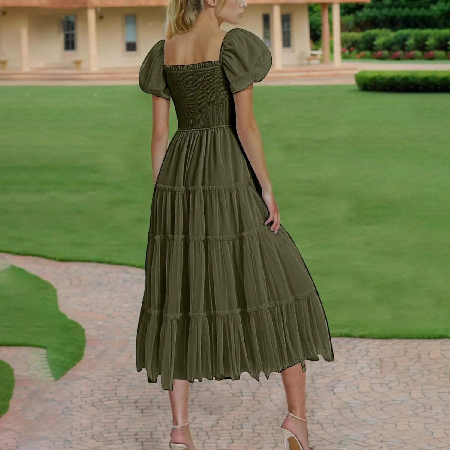 Women's Smocked Midi Tulle Dress 2025 Summer Puffy Short Sleeve Square Neck Dress Ruffle Wedding Guest Party Dresses