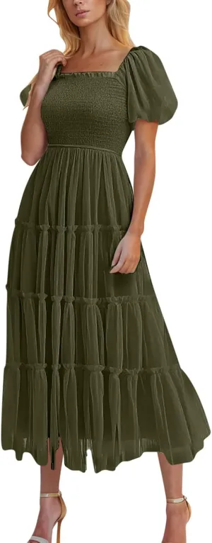 Women's Smocked Midi Tulle Dress 2025 Summer Puffy Short Sleeve Square Neck Dress Ruffle Wedding Guest Party Dresses