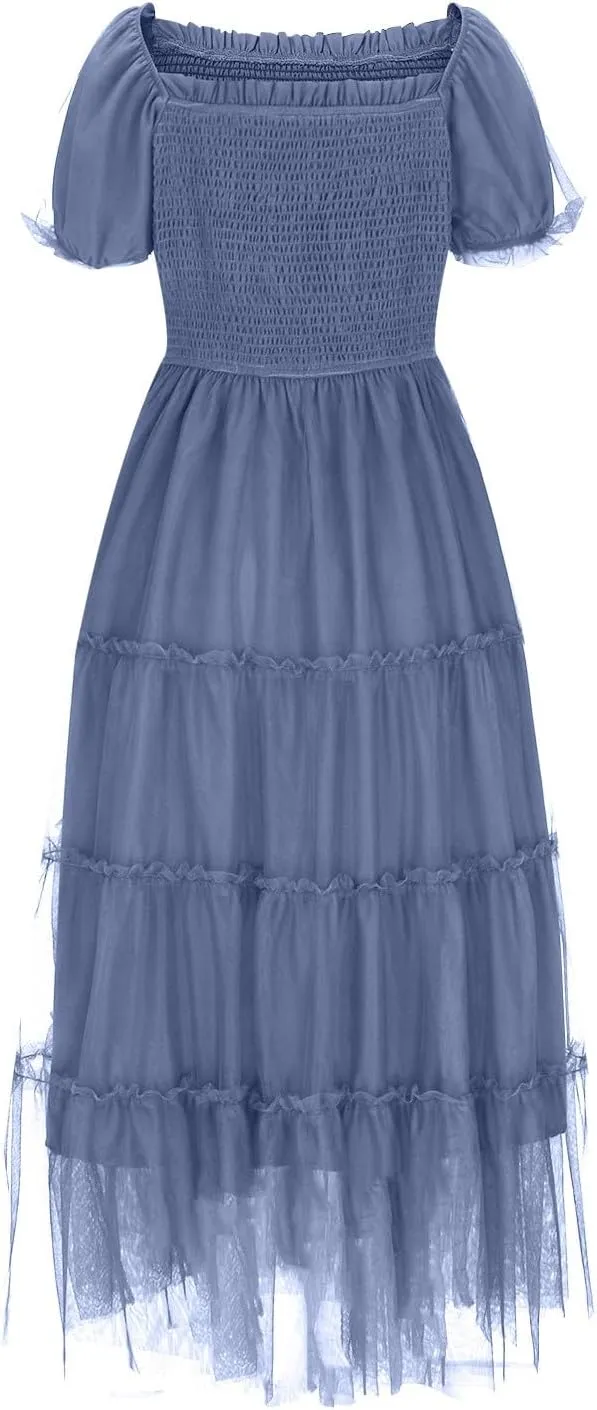 Women's Smocked Midi Tulle Dress 2025 Summer Puffy Short Sleeve Square Neck Dress Ruffle Wedding Guest Party Dresses