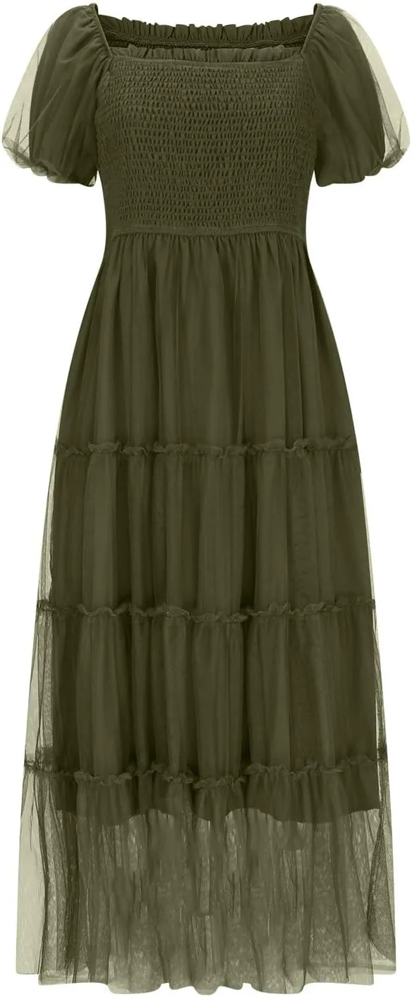 Women's Smocked Midi Tulle Dress 2025 Summer Puffy Short Sleeve Square Neck Dress Ruffle Wedding Guest Party Dresses