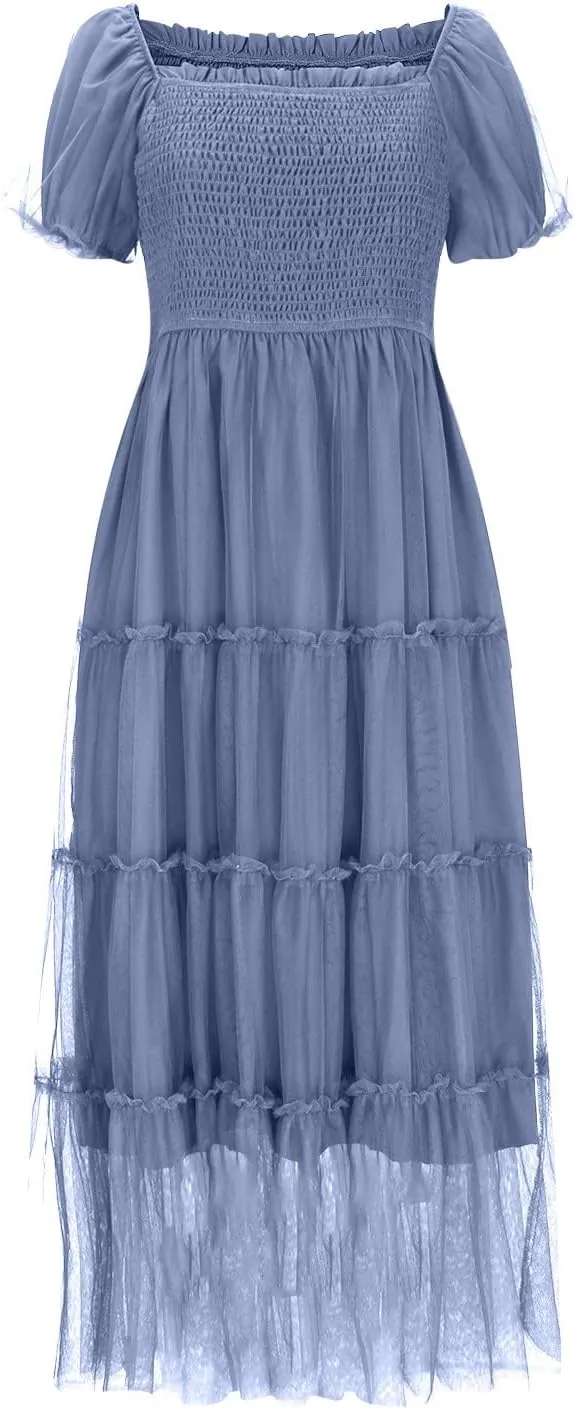 Women's Smocked Midi Tulle Dress 2025 Summer Puffy Short Sleeve Square Neck Dress Ruffle Wedding Guest Party Dresses