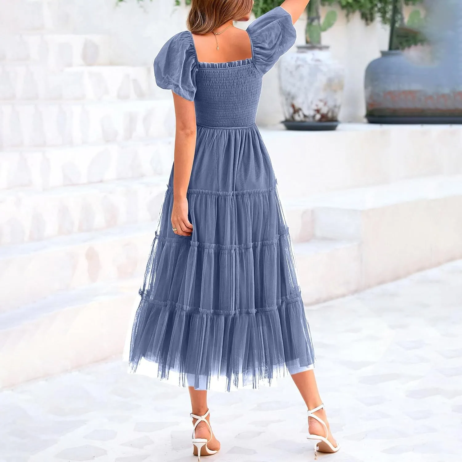 Women's Smocked Midi Tulle Dress 2025 Summer Puffy Short Sleeve Square Neck Dress Ruffle Wedding Guest Party Dresses
