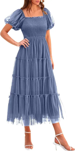 Women's Smocked Midi Tulle Dress 2025 Summer Puffy Short Sleeve Square Neck Dress Ruffle Wedding Guest Party Dresses