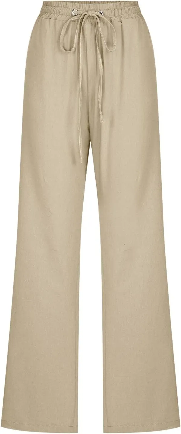 Women's Solid Striped Linen Capris Casual Drawstring Elastic Trousers Comfy Beach Palazzo Harem Pants with Pockets
