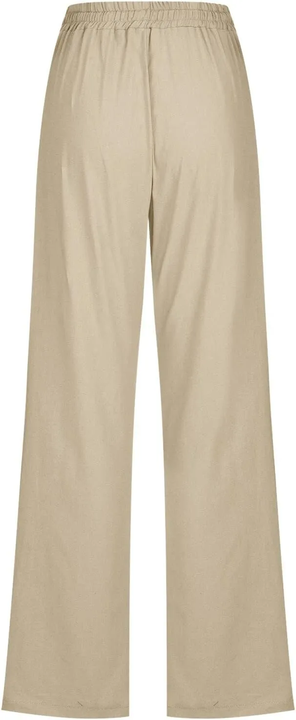 Women's Solid Striped Linen Capris Casual Drawstring Elastic Trousers Comfy Beach Palazzo Harem Pants with Pockets