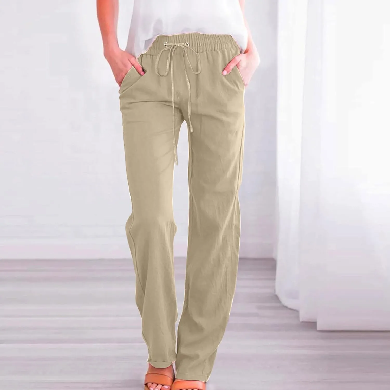 Women's Solid Striped Linen Capris Casual Drawstring Elastic Trousers Comfy Beach Palazzo Harem Pants with Pockets